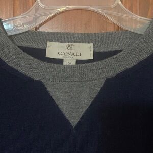 CANALI ITALY LUXURY NAVY BLUE AND GRAY KNIT PULLOVER SWEATER
